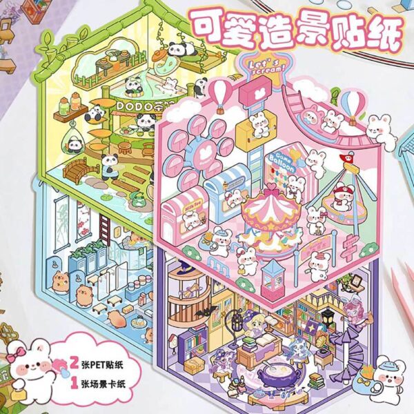 Wonderful Shop DIY 3D Scene Stickers 4 Cute Miniature Scenes-4 Theme Sets:Capybara Hot Springs | Panda Tea House | Pony Magic House | Rabbit Park