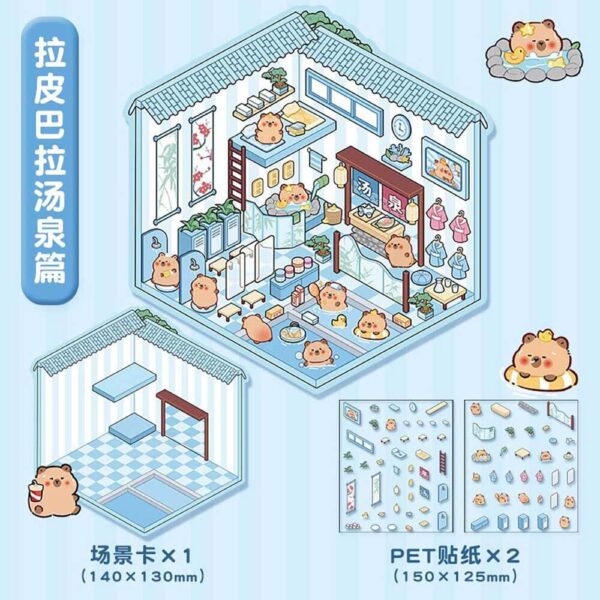 Wonderful Shop DIY 3D Scene Stickers 4 Cute Miniature Scenes-4 Theme Sets:Capybara Hot Springs | Panda Tea House | Pony Magic House | Rabbit Park
