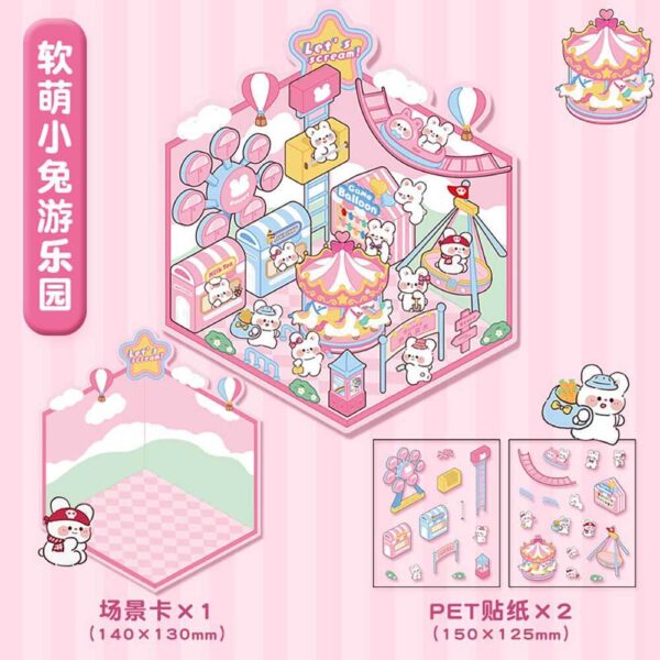 Wonderful Shop DIY 3D Scene Stickers 4 Cute Miniature Scenes-4 Theme Sets:Capybara Hot Springs | Panda Tea House | Pony Magic House | Rabbit Park