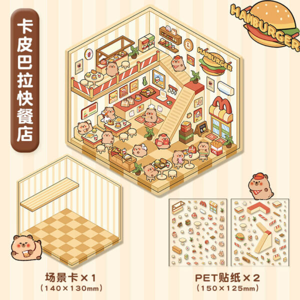 Cute Animals Shop DIY 3D Scene Stickers 4 Cute Miniature Scenes-4 Theme Sets:Bear Bakery | Bunny Clothing Store | Capybara's Fast Food | Puppy Convenience