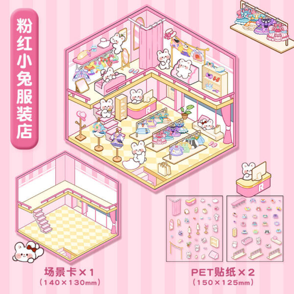 Cute Animals Shop DIY 3D Scene Stickers 4 Cute Miniature Scenes-4 Theme Sets:Bear Bakery | Bunny Clothing Store | Capybara's Fast Food | Puppy Convenience