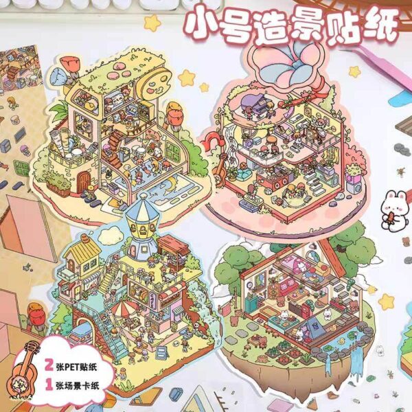 Music Machine Shop DIY 3D Scene Stickers 4 Cute Miniature Scenes-4 Theme Sets:Moka Pot Park | Sky Tree house | Magic Polaroid | Ramophone of Music - ALL IN