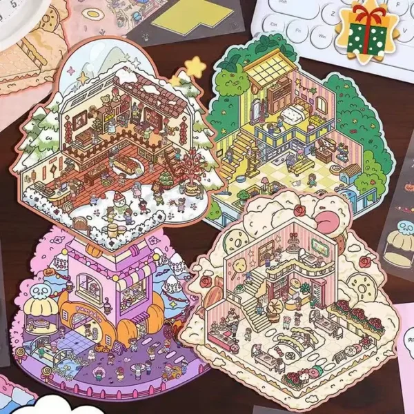 Happy Party DIY 3D Scene Stickers 4 Cute Miniature Scenes-4 Theme Sets:Pumpkin House | Friends Party | Fantasy Celebration | Marshmallow Restaurant - All in Happy Party