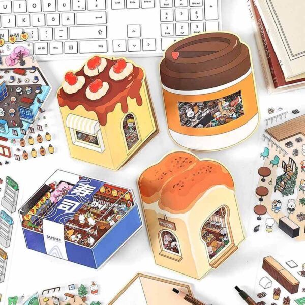 Fun Dessert House DIY 3D Scene Stickers - 4 Theme Sets:Good Luck Sushi | Morning Café | Happiness Bakery | Happy Dessert