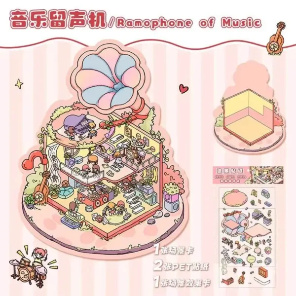 Music Machine Shop DIY 3D Scene Stickers 4 Cute Miniature Scenes-4 Theme Sets:Moka Pot Park | Sky Tree house | Magic Polaroid | Ramophone of Music - Ramophone of Music