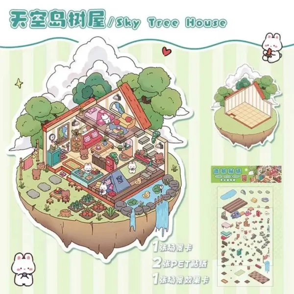 Music Machine Shop DIY 3D Scene Stickers 4 Cute Miniature Scenes-4 Theme Sets:Moka Pot Park | Sky Tree house | Magic Polaroid | Ramophone of Music - Sky Tree house