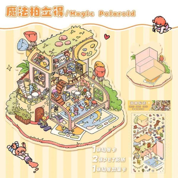 Music Machine Shop DIY 3D Scene Stickers 4 Cute Miniature Scenes-4 Theme Sets:Moka Pot Park | Sky Tree house | Magic Polaroid | Ramophone of Music - Magic Polaroid