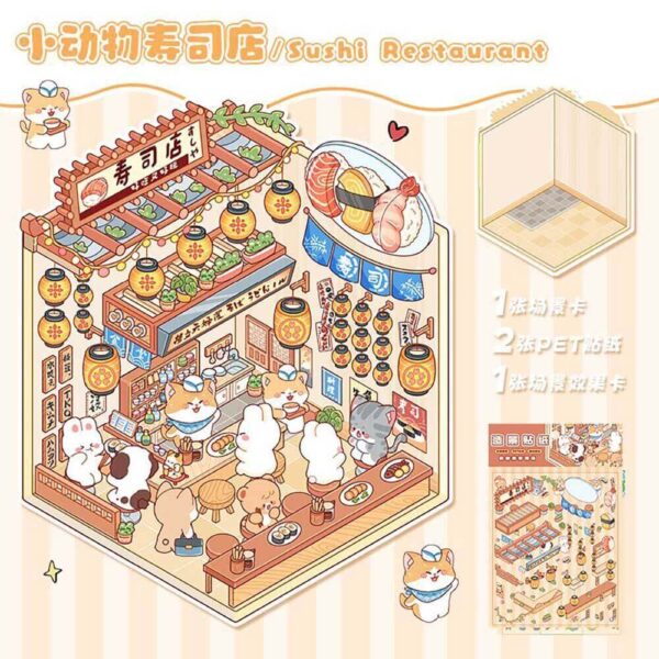 Critter Shop DIY 3D Scene Stickers-4 Theme Sets:Cat Apartment|Animal Cake Shop|Sushi Restaurant|Animal Bakery|ALL IN - Critter Shop - Sushi Restaurant