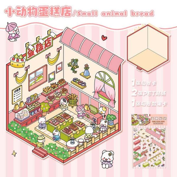 Critter Shop DIY 3D Scene Stickers-4 Theme Sets:Cat Apartment|Animal Cake Shop|Sushi Restaurant|Animal Bakery|ALL IN - Critter Shop - Animal Cake Shop