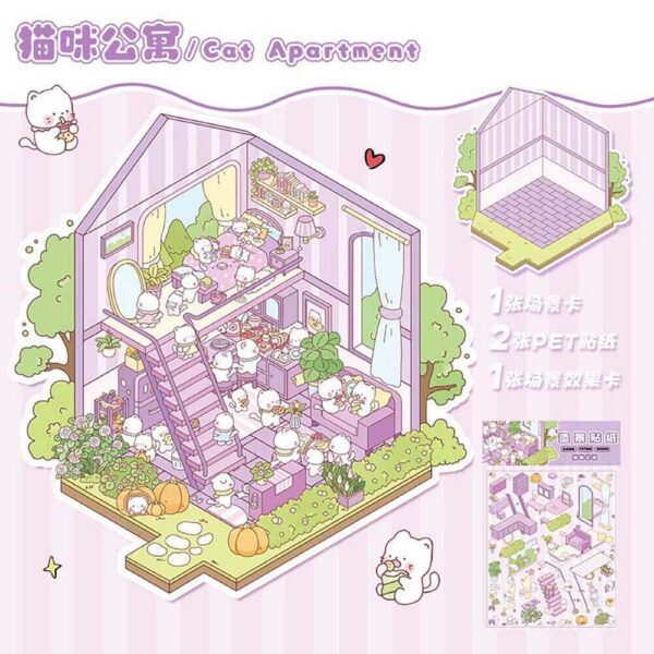 Critter Shop DIY 3D Scene Stickers-4 Theme Sets:Cat Apartment|Animal Cake Shop|Sushi Restaurant|Animal Bakery|ALL IN - Critter Shop - Cat Apartment
