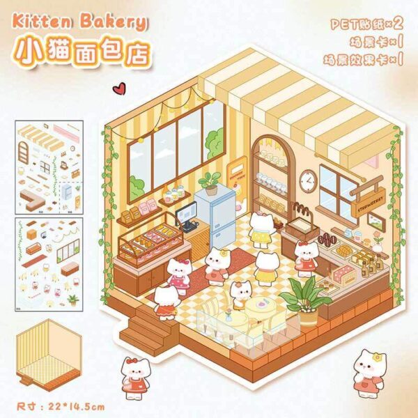 Fluffy Sweet Haven DIY 3D Scene Stickers 4 Cute Miniature Scenes-4 Theme Sets:Kitten Bakery | Warm Bakery | Happy Candy House | Peachy Fruit Shop - Warm Bakery