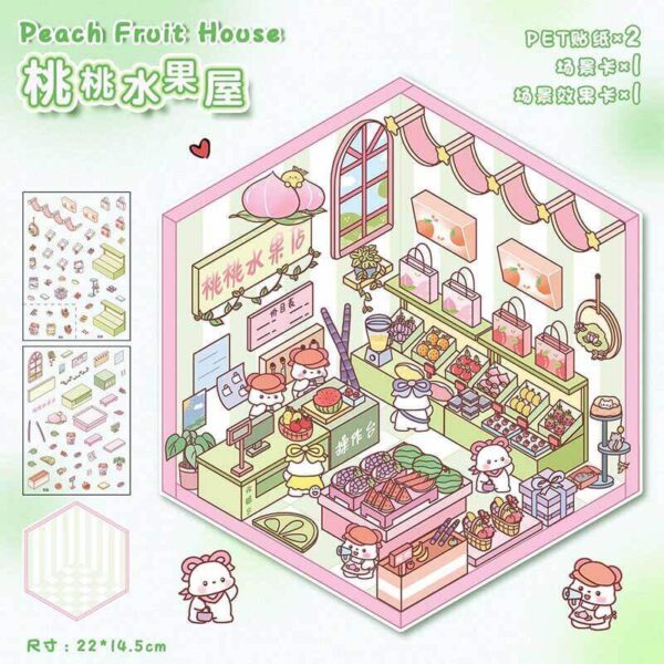 Fluffy Sweet Haven DIY 3D Scene Stickers 4 Cute Miniature Scenes-4 Theme Sets:Kitten Bakery | Warm Bakery | Happy Candy House | Peachy Fruit Shop - Peachy Fruit Shop
