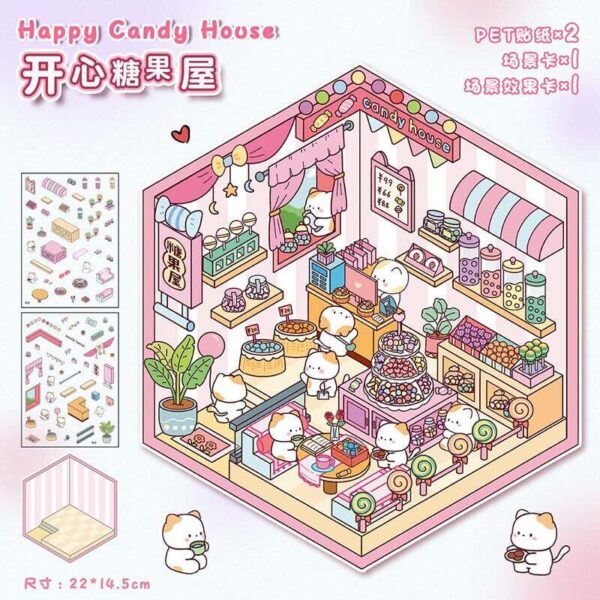 Fluffy Sweet Haven DIY 3D Scene Stickers 4 Cute Miniature Scenes-4 Theme Sets:Kitten Bakery | Warm Bakery | Happy Candy House | Peachy Fruit Shop - Happy Candy House