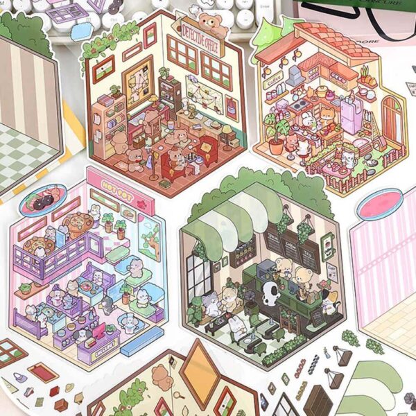 Furry Friends’ Town DIY 3D Scene Stickers 4 Cute Miniature Scenes-4 Theme Sets:Spicy Hotpot Diner | Bear Detective Agency | Cute Pet Kitchen | Cute Pet Coffee Hut