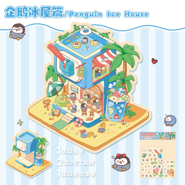 Cute Animals do business DIY 3D Scene Stickers-4 Theme Sets:Piggy Cake Shop | Bear Flower Shop | Penguin Ice House | Cat BBQ Shop - Penguin Ice House