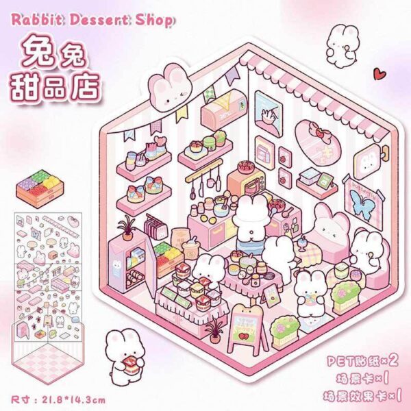food store run by lovely little animals DIY 3D Scene Stickers 4 Cute Miniature Scenes-4 Theme Sets:Puppy Burger Shope | Little Bear Bakery | Kitty Cake House | Bunny Dessert Shop - Bunny Dessert Shop