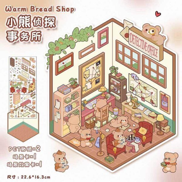 Furry Friends’ Town DIY 3D Scene Stickers 4 Cute Miniature Scenes-4 Theme Sets:Spicy Hotpot Diner | Bear Detective Agency | Cute Pet Kitchen | Cute Pet Coffee Hut - Bear Detective Agency