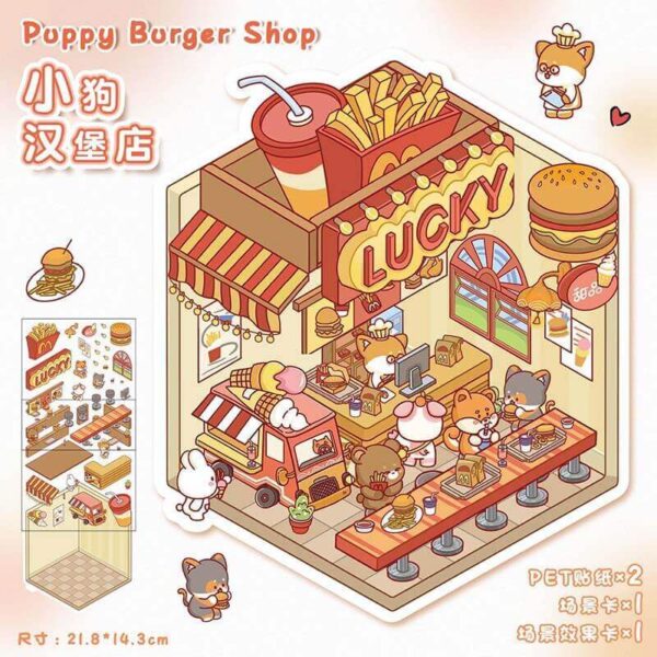 food store run by lovely little animals DIY 3D Scene Stickers 4 Cute Miniature Scenes-4 Theme Sets:Puppy Burger Shope | Little Bear Bakery | Kitty Cake House | Bunny Dessert Shop - Puppy Burger Shope