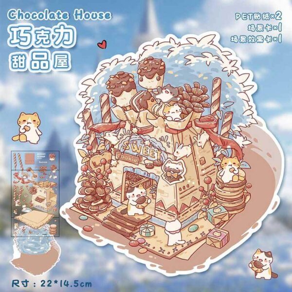 Teacup Tales DIY 3D Scene Stickers 4 Cute Miniature Scenes-4 Theme Sets:Rose & Tangerine Teapot | Chocolate Dessert House | Fluffy Toast Bakery | Avocado Salad Bar