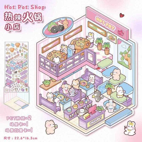 Furry Friends’ Town DIY 3D Scene Stickers 4 Cute Miniature Scenes-4 Theme Sets:Spicy Hotpot Diner | Bear Detective Agency | Cute Pet Kitchen | Cute Pet Coffee Hut - Spicy Hotpot Diner