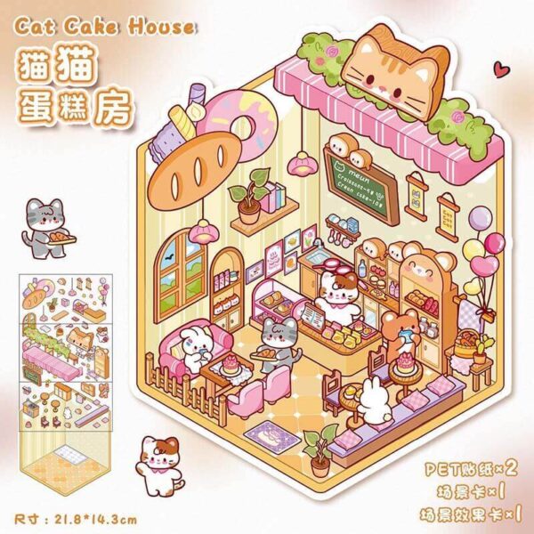 food store run by lovely little animals DIY 3D Scene Stickers 4 Cute Miniature Scenes-4 Theme Sets:Puppy Burger Shope | Little Bear Bakery | Kitty Cake House | Bunny Dessert Shop - Kitty Cake House