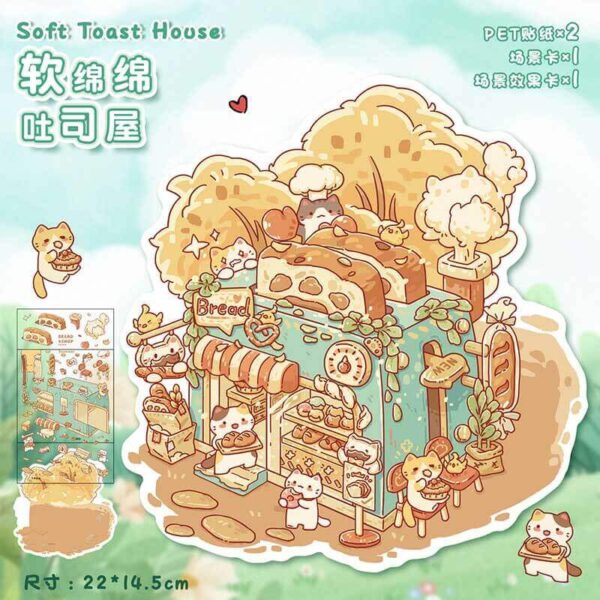 Teacup Tales DIY 3D Scene Stickers 4 Cute Miniature Scenes-4 Theme Sets:Rose & Tangerine Teapot | Chocolate Dessert House | Fluffy Toast Bakery | Avocado Salad Bar
