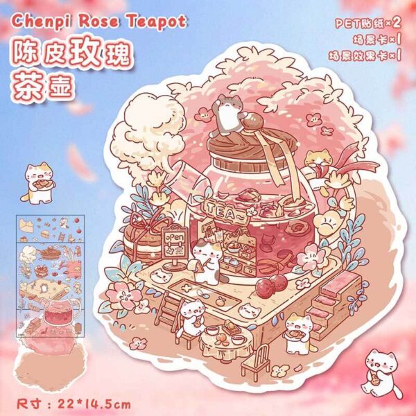 Teacup Tales DIY 3D Scene Stickers 4 Cute Miniature Scenes-4 Theme Sets:Rose & Tangerine Teapot | Chocolate Dessert House | Fluffy Toast Bakery | Avocado Salad Bar