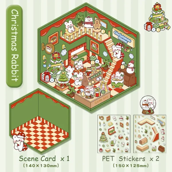 Christmas For Small Animals DIY 3D Scene Stickers 2 Cute Miniature Scene 2 Theme Sets:Christmas Bear|Christmas Babbit - Christmas Babbit