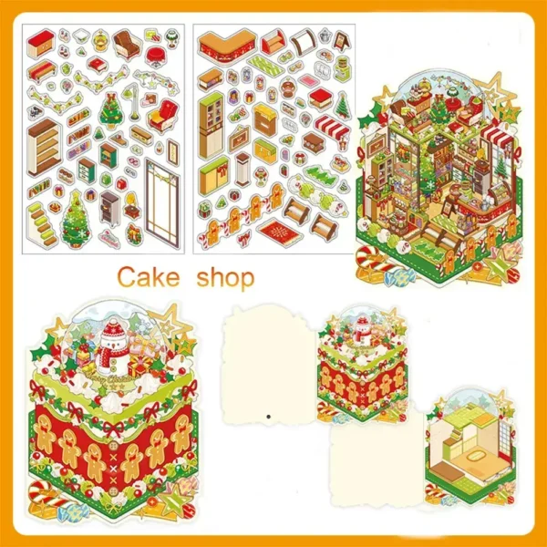 Christmas Series DIY 3D Scene Stickers 4 Cute Miniature Scenes 4 Theme Sets:Cake Shop|Christmas Eve Apple|Crystal Ball|Frosty Cottage|ALL IN - Cake Shop