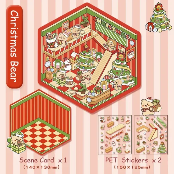 Christmas For Small Animals DIY 3D Scene Stickers 2 Cute Miniature Scene 2 Theme Sets:Christmas Bear|Christmas Babbit - Christmas Bear