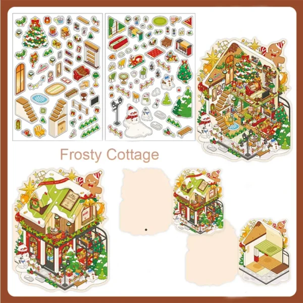 Christmas Series DIY 3D Scene Stickers 4 Cute Miniature Scenes 4 Theme Sets:Cake Shop|Christmas Eve Apple|Crystal Ball|Frosty Cottage|ALL IN - Frosty Cottage