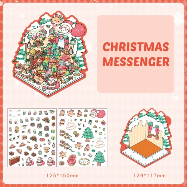Christmas Eve Series DIY 3D Sticker Collection 4 Cute Miniature Scenes-4 Theme Sets:XMAS SNOW HOUSE|CHRISTMAS TREE|CHRISTMAS MESSENGER|GINGERBREAD HUT - CHRISTMAS MESSENGER