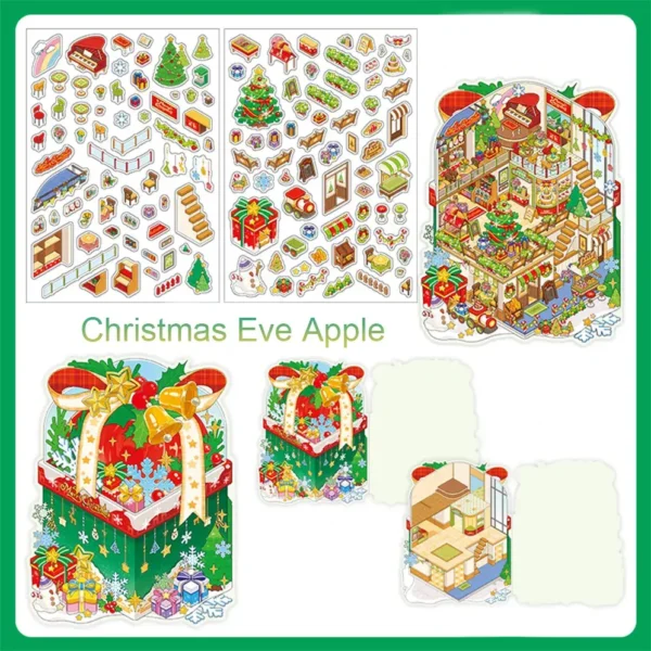 Christmas Series DIY 3D Scene Stickers 4 Cute Miniature Scenes 4 Theme Sets:Cake Shop|Christmas Eve Apple|Crystal Ball|Frosty Cottage|ALL IN - Christmas Eve Apple