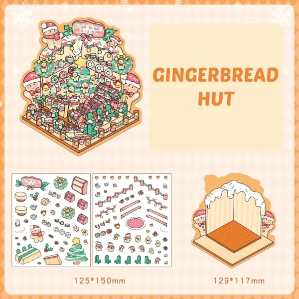 Christmas Eve Series DIY 3D Sticker Collection 4 Cute Miniature Scenes-4 Theme Sets:XMAS SNOW HOUSE|CHRISTMAS TREE|CHRISTMAS MESSENGER|GINGERBREAD HUT - GINGERBREAD HUT