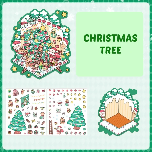 Christmas Eve Series DIY 3D Sticker Collection 4 Cute Miniature Scenes-4 Theme Sets:XMAS SNOW HOUSE|CHRISTMAS TREE|CHRISTMAS MESSENGER|GINGERBREAD HUT - CHRISTMAS TREE