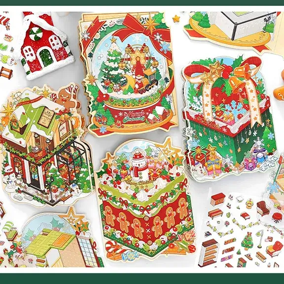 Christmas Series DIY 3D Scene Stickers 4 Cute Miniature Scenes 4 Theme Sets:Cake Shop|Christmas Eve Apple|Crystal Ball|Frosty Cottage|ALL IN - ALL IN